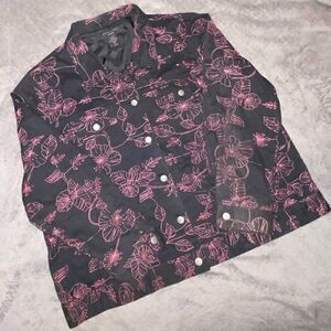 SilkLand Black & Pink Embroidered Button Up Jacket
